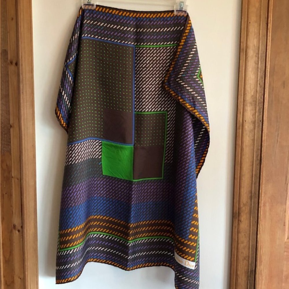 CHRISTIAN DIOR Silk Geometric Large Square Scarf Earth Tones Vintage - Picture 5 of 16